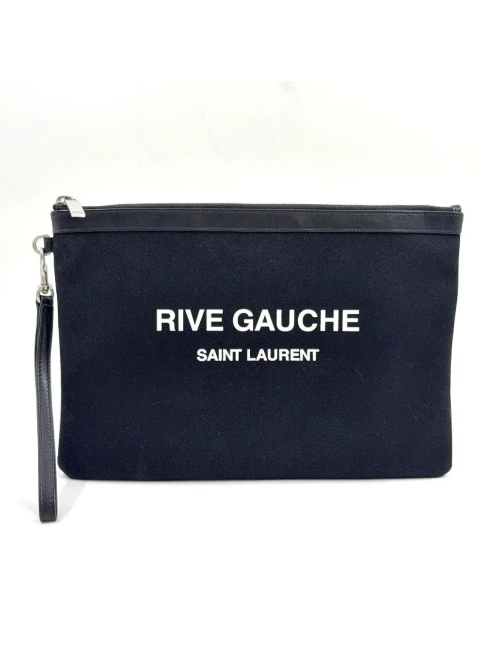 Saint Laurent Paris Rive Gauche Leather Canvas Black Clutch Silver - Picture 1 of 15